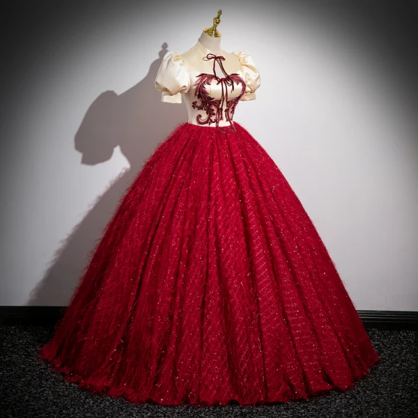 Vintage / Retro Chinese style Burgundy Beading Lace Flower Prom Dresses 2023 Ball Gown High Neck Bow Puffy Short Sleeve Floor-Length / Long Formal Dresses