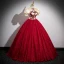 Vintage / Retro Chinese style Burgundy Beading Lace Flower Prom Dresses 2023 Ball Gown High Neck Bow Puffy Short Sleeve Floor-Length / Long Formal Dresses
