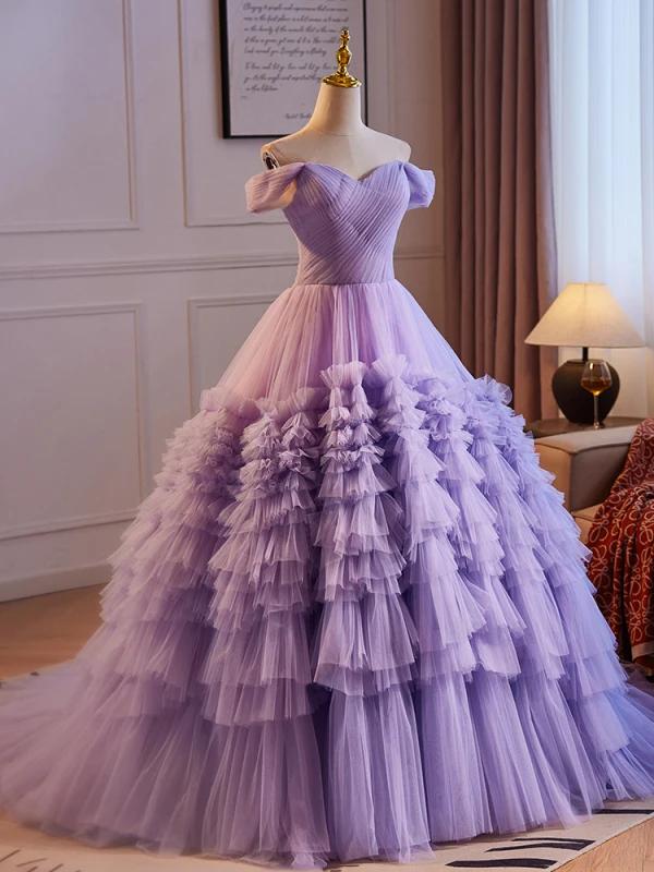 Schöne Lavendel Rüschen Ballkleider 2024 Ballkleid Off Shoulder Ärmellos Rückenfreies Sweep / Pinsel Zug Ball Festliche Kleider