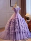 Schöne Lavendel Rüschen Ballkleider 2024 Ballkleid Off Shoulder Ärmellos Rückenfreies Sweep / Pinsel Zug Ball Festliche Kleider