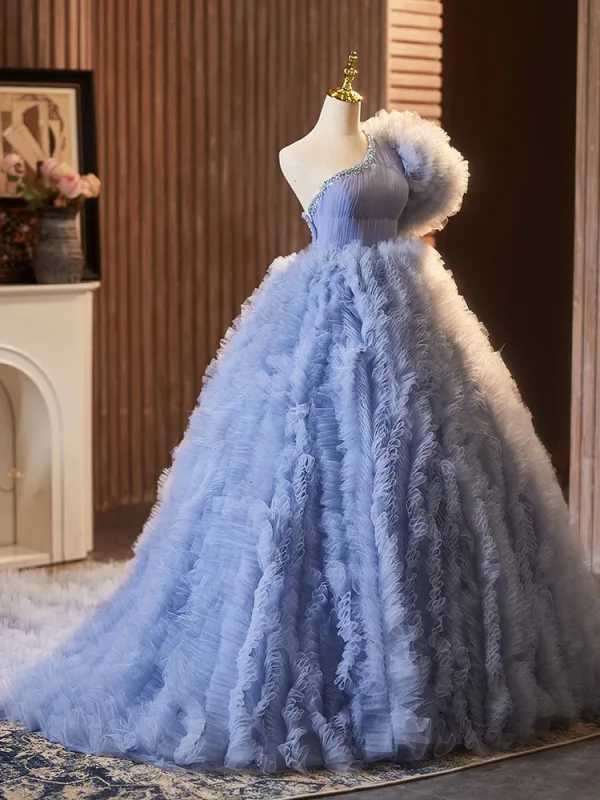 Fashion Sky Blue Cascading Ruffles Rhinestone Prom Dresses 2024 Ball Gown One-Shoulder Short Sleeve Backless Sweep Train Prom Formal Dresses