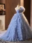 Fashion Sky Blue Cascading Ruffles Rhinestone Prom Dresses 2024 Ball Gown One-Shoulder Short Sleeve Backless Sweep Train Prom Formal Dresses