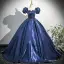 Vintage / Retro Navy Blue Beading Appliques Prom Dresses 2025 Ball Gown Square Neckline Puffy Short Sleeve Backless Floor-Length / Long Prom Formal Dresses