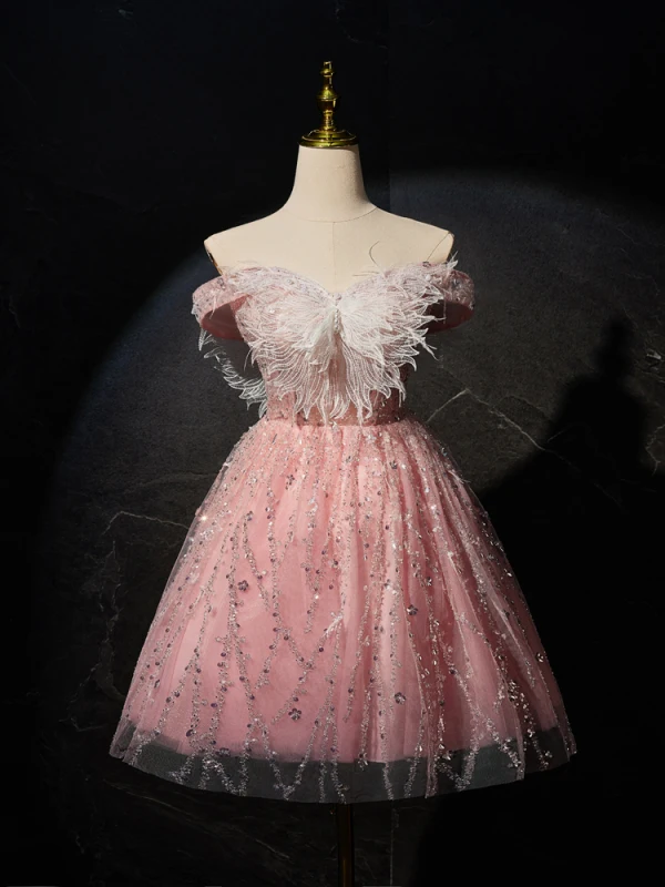 Sexy Charmant Rougissant Rose Perlage Perle Papillon Paillettes Anniversaire Robe De Fête 2024 Princesse De l'épaule Sans Manches Dos Nu Courte