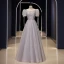 Scintillantes Argenté Gris Glitter Paillettes Robe De Bal 2023 Princesse Encolure Dégagée Manches Courtes Dos Nu Longue Promo Robe De Ceremonie