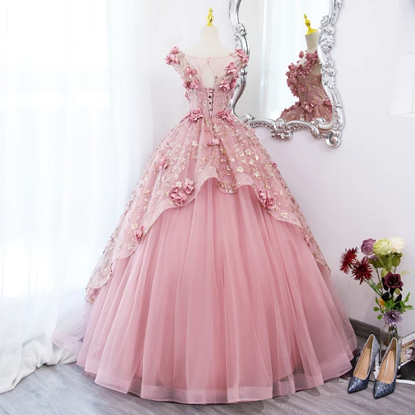 Flower Fairy Candy Pink Appliques Sequins Prom Dresses 2022 Ball Gown Scoop Neck Sleeveless Backless Floor-Length / Long Prom Formal Dresses