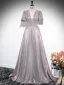 Sparkly Blushing Pink Glitter Prom Dresses 2024 A-Line / Princess V-Neck Short Sleeve Backless Floor-Length / Long Prom Formal Dresses