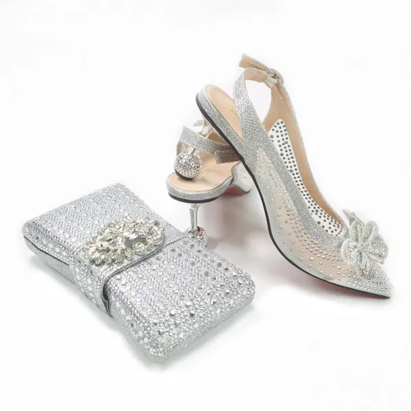 Charming Silver Rhinestone Flower Evening Party Womens Sandals Clutch Bags 2023 7 cm Stiletto Heels Pointed Toe Womens Sandals High Heels Clutch Bags