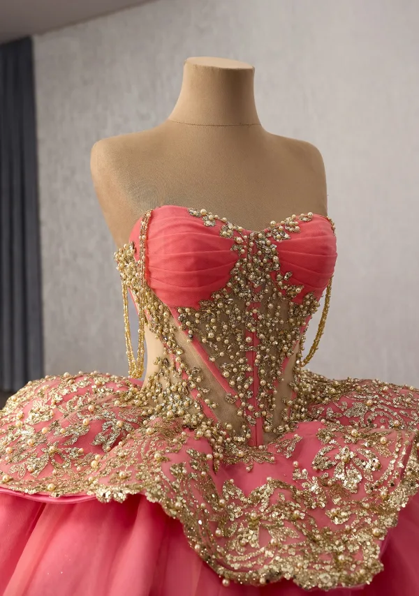 High End Wassermelone Perlenstickerei Perle Pailletten Ballkleider 2025 Ballkleid Bandeau Ärmellos Rückenfreies Kapelle-Schleppe Ball Festliche Kleider