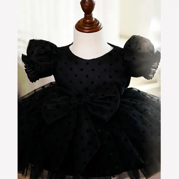 Chic / Beautiful Black Spotted Short Birthday Flower Girl Dresses 2022 Ball Gown Scoop Neck Puffy Short Sleeve Bow Flower Girl Dresses