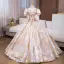 Elegant Gold Sequins Rhinestone Prom Dresses 2024 Ball Gown V-Neck Short Sleeve Backless Floor-Length / Long Prom Formal Dresses