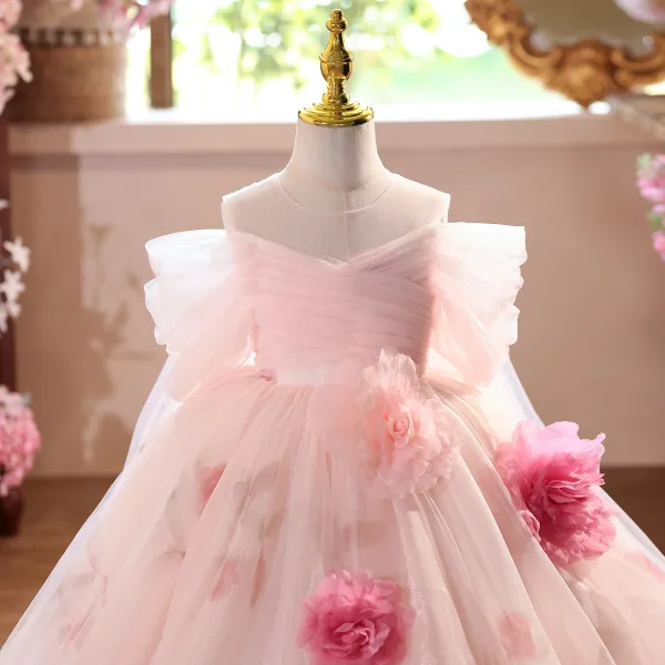 Chic / Beautiful Blushing Pink Appliques Birthday Flower Girl Dresses 2025 Ball Gown Off-The-Shoulder Short Sleeve Backless Floor-Length / Long