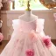 Chic / Beautiful Blushing Pink Appliques Birthday Flower Girl Dresses 2025 Ball Gown Off-The-Shoulder Short Sleeve Backless Floor-Length / Long