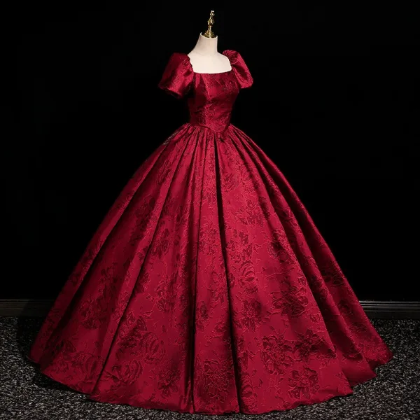 Elegant Burgundy Printing Prom Dresses 2025 Ball Gown Square Neckline Short Sleeve Backless Floor-Length / Long Prom Formal Dresses