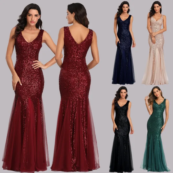 Bling Bling Bleu Marine Paillettes Robe De Soirée 2023 Trompette / Sirène V-Cou Sans Manches Dos Nu Longue Soirée Robe De Ceremonie