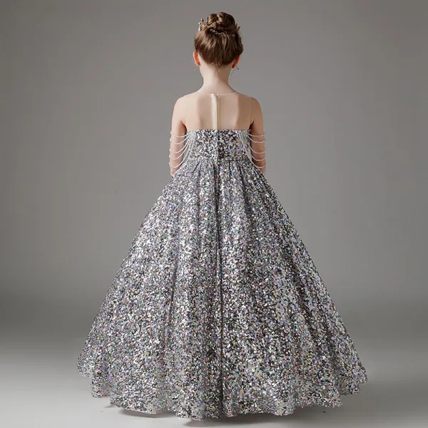 Sparkly Silver Beading Sequins Birthday Flower Girl Dresses 2024 Ball Gown Scoop Neck Sleeveless Backless Floor-Length / Long