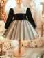 Chic / Beautiful Black Beading Sequins Bow Birthday Flower Girl Dresses 2023 Ball Gown Scoop Neck Long Sleeve Short