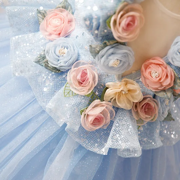 Blumenfee Himmelblau Applikationen Pailletten Fallende Rüsche Blumenmädchenkleider 2024 Ballkleid Rundhalsausschnitt Ärmellos Rückenfreies Lange Ball Blumenmädchenkleider