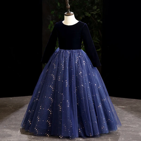 Vintage / Retro Navy Blue Suede Birthday Flower Girl Dresses 2022 Ball Gown Scoop Neck Long Sleeve Sequins Floor-Length / Long Flower Girl Dresses