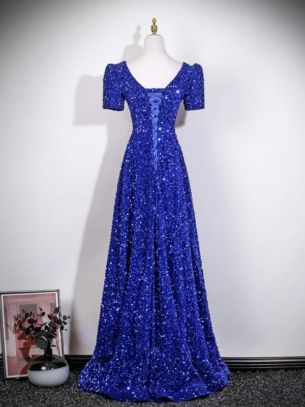 Sparkly Royal Blue Sequins Prom Dresses 2026 A-Line / Princess V-Neck Short Sleeve Backless Floor-Length / Long
