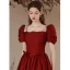 Elegant Burgundy Satin Prom Dresses 2023 A-Line / Princess Pearl Square Neckline Puffy Short Sleeve Backless Floor-Length / Long Prom Formal Dresses