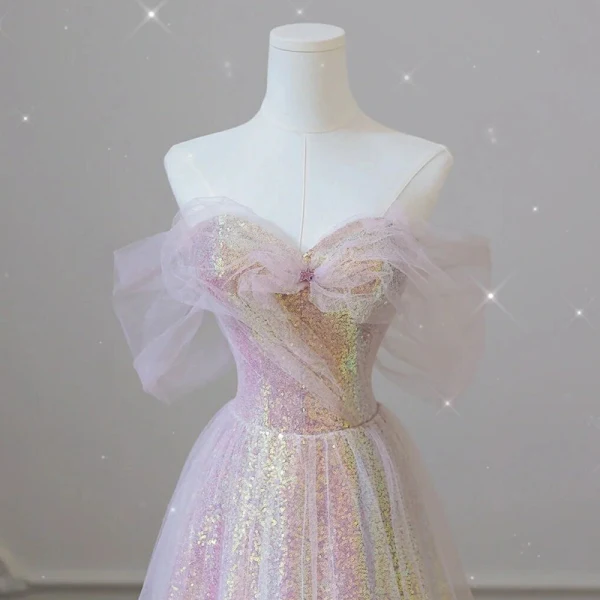 Charmant Rougissant Rose Paillettes Robe De Bal 2022 Princesse De l'épaule Manches Courtes Dos Nu Longue Robe De Ceremonie