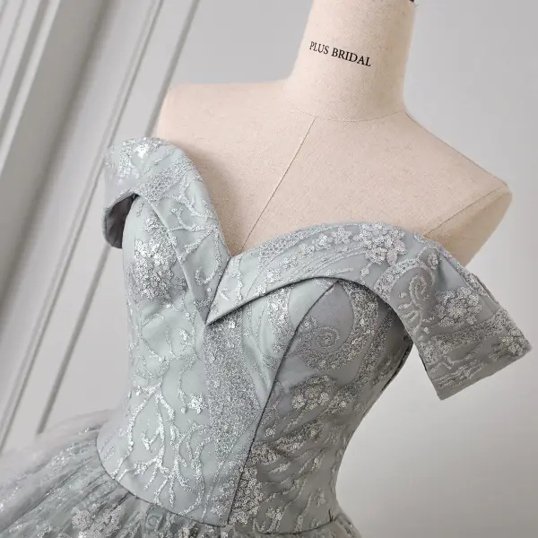 Sparkly Silver Sequins Prom Dresses 2026 Ball Gown Off-The-Shoulder Sleeveless Backless Floor-Length / Long Formal Dresses