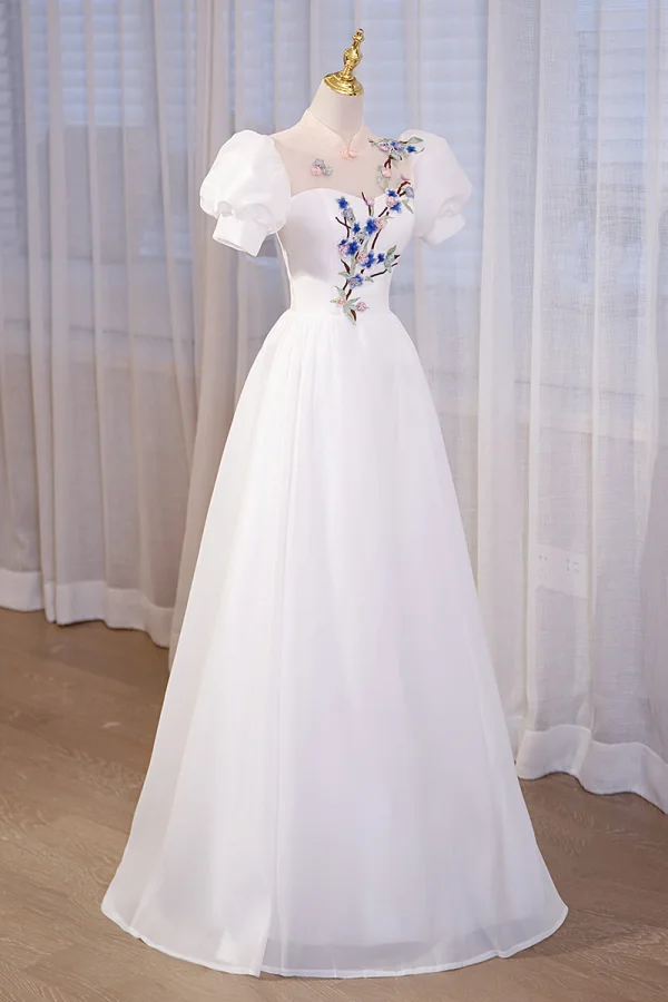 Chinese style Ivory Lace Flower Appliques Cheongsam Evening Dresses Prom Dresses 2023 A-Line / Princess High Neck Puffy Short Sleeve Floor-Length / Long Evening Party Prom