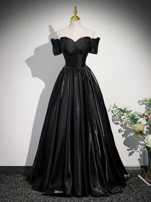 Chic Belle Noire Satin Robe De Bal 2023 Princesse De L Épaule Manches Courtes Dos Nu Longue Promo Robe De Ceremonie