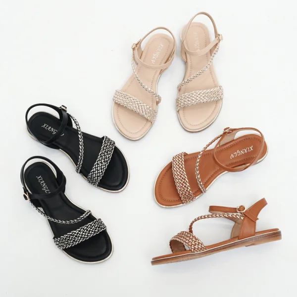 Bruin Comfortabel Strand Vlecht Platte Sandalen Dames 2022 Peep Toe Sandalen