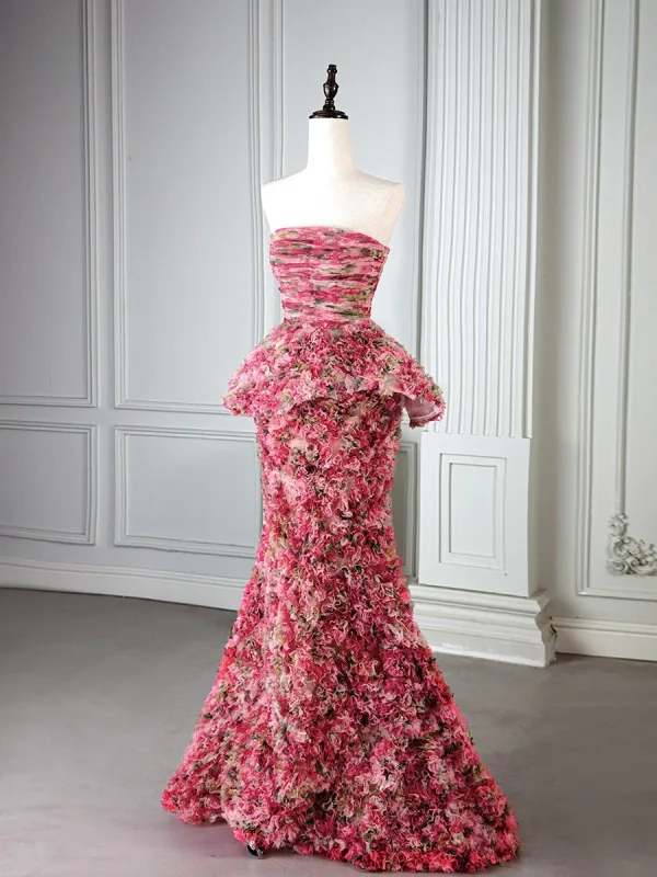 Fancy Blushing Pink Multi-Colors Floral Prom Dresses 2025 Trumpet / Mermaid Strapless Sleeveless Backless Floor-Length / Long Formal Dresses
