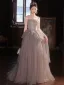 Charming Grey Beading Sequins Cascading Ruffles Prom Dresses 2024 Ball Gown Off-The-Shoulder Short Sleeve Backless Floor-Length / Long Prom Formal Dresses