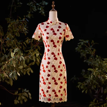 Kinesisk Stil Champagne Afton Spets Blomma Cheongsam 2022 Trumpet Sjöjungfru Hög Hals Korta Ärm Knälång Cheongsam