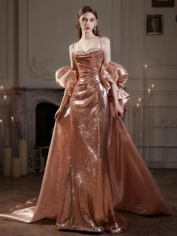 Charming Sexy Rose Gold Sequins Evening Dresses 2025 Trumpet / Mermaid Spaghetti Straps Puffy Short Sleeve Backless Sweep Train Evening Party Formal