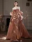 Charming Sexy Rose Gold Sequins Evening Dresses 2025 Trumpet / Mermaid Spaghetti Straps Puffy Short Sleeve Backless Sweep Train Evening Party Formal Dresses