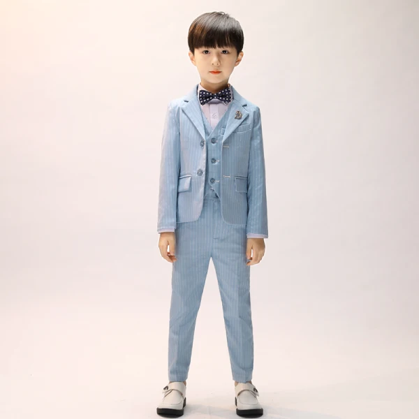 Sky Blue Stripe Long Sleeve Boys Wedding Suits 2022 Body Jewellery Coat Pants Shirt Tie Vest Wedding