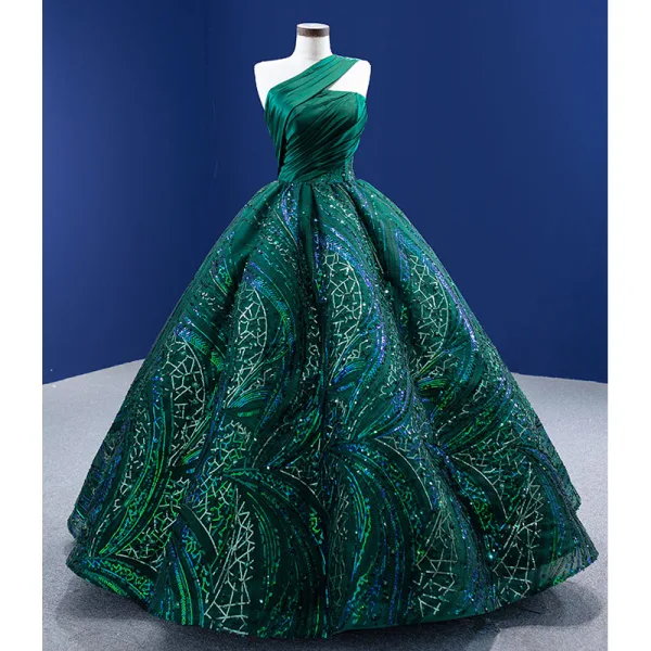 Vintage / Retro High-end Dark Green Sequins Prom Dresses 2022 Ball Gown One-Shoulder Sleeveless Backless Floor-Length / Long Prom Formal Dresses