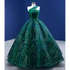 Vintage / Retro High-end Dark Green Sequins Prom Dresses 2022 Ball Gown One-Shoulder Sleeveless Backless Floor-Length / Long Prom Formal Dresses