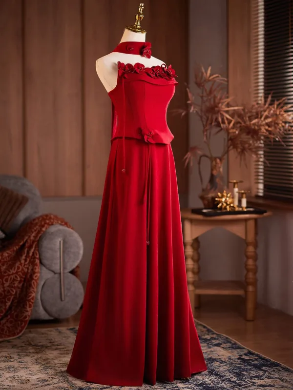 Vintage / Retro Red Appliques Prom Dresses 2026 A-Line / Princess Strapless Sleeveless Backless Floor-Length / Long Formal Dresses