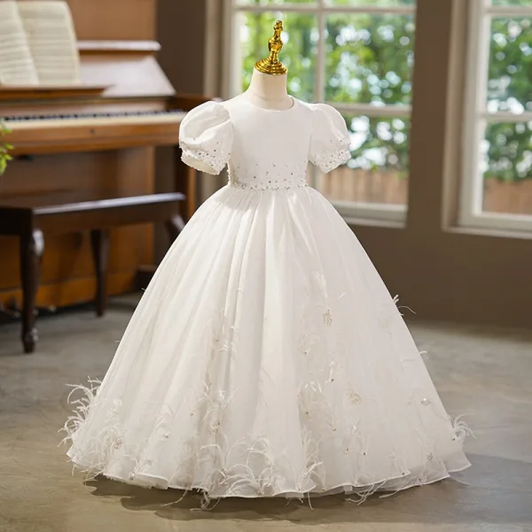 Elegant White Sequins Tassel Birthday Flower Girl Dresses 2025 Ball Gown Scoop Neck Puffy Short Sleeve Floor-Length / Long