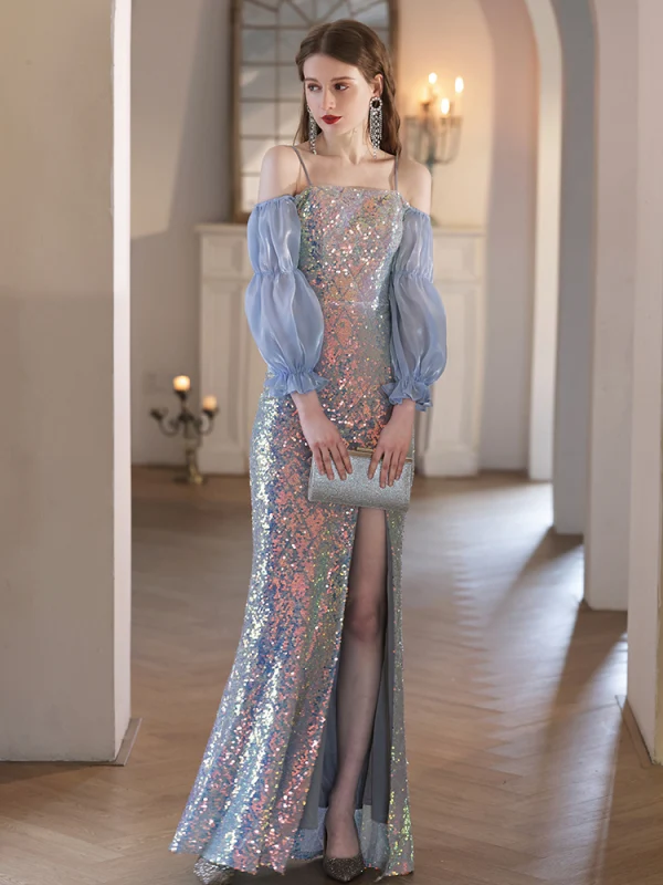 Scintillantes Bleu Ciel Paillettes Robe De Soirée 2023 Trompette / Sirène Bretelles Spaghetti 3/4 Manches Dos Nu Fendue devant Longue Soirée Robe De Ceremonie