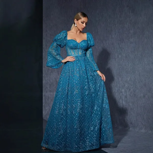 Vintage / Retro Pool Blue Lace Flower Prom Dresses 2025 Bell sleeves A-Line / Princess Square Neckline Backless Floor-Length / Long Prom Formal Dresses