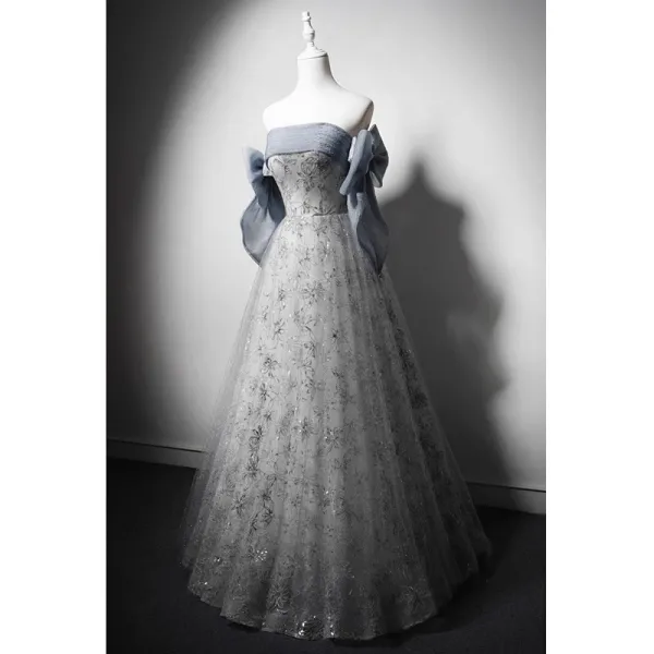 Charmant Gris Glitter Paillettes Robe De Bal 2024 Princesse Bustier Noeud Sans Manches Dos Nu Longue Robe De Ceremonie