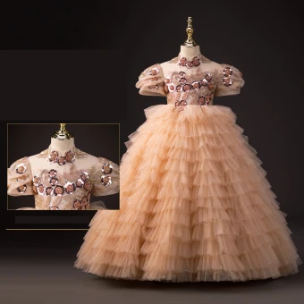 Chic Beautiful Champagne Beading Sequins Rhinestone Cascading Ruffles Birthday Flower Girl Dresses 2023 Ball Gown High Neck Short Sleeve Backless Floor Length Long