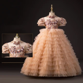 Charming Champagne Beading Rhinestone Sequins Cascading Ruffles Birthday Flower Girl Dresses 2024 Ball Gown High Neck Puffy Short Sleeve Backless Floor Length Long