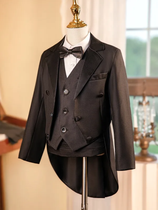 Black 6-piece Long Sleeve Boys Wedding Suits 2024 Body Jewellery Coat Pants Shirt Tie Vest