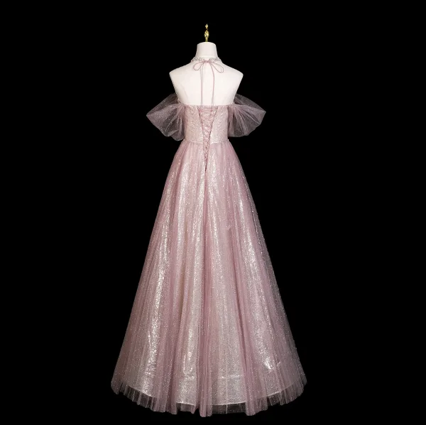 Charmant Bling Bling Rougissant Rose Perlage Faux Diamant Paillettes Robe De Bal 2025 Princesse De l'épaule Manches Courtes Dos Nu Longue Promo Robe De Ceremonie