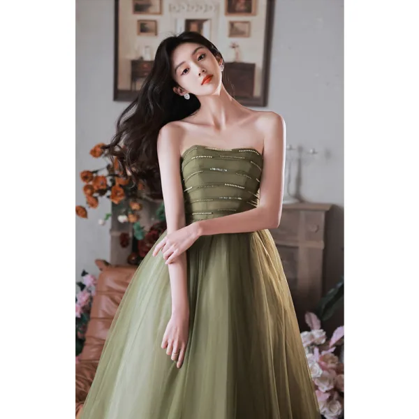 Modest / Simple Sage Green Prom Dresses A-Line / Princess 2022 Square Neckline Sequins Puffy Short Sleeve Backless Floor-Length / Long Formal Dresses