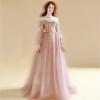 Chic Belle Rougissant Rose Paillettes Robe De Bal 2025 Princesse De L Épaule Manches Longues Dos Nu Train De Balayage Promo Robe De Ceremonie