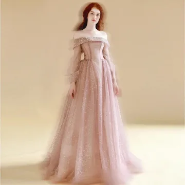 Chic Beautiful Blushing Pink Sequins Prom Dresses 2025 A Line Princess Off The Shoulder Long Sleeve Backless Sweep Train Prom Formal Dresses